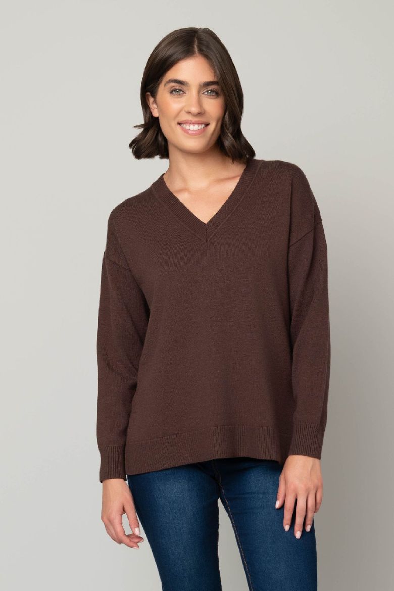 Jersey Stitch V-Neck Sweater in Brown