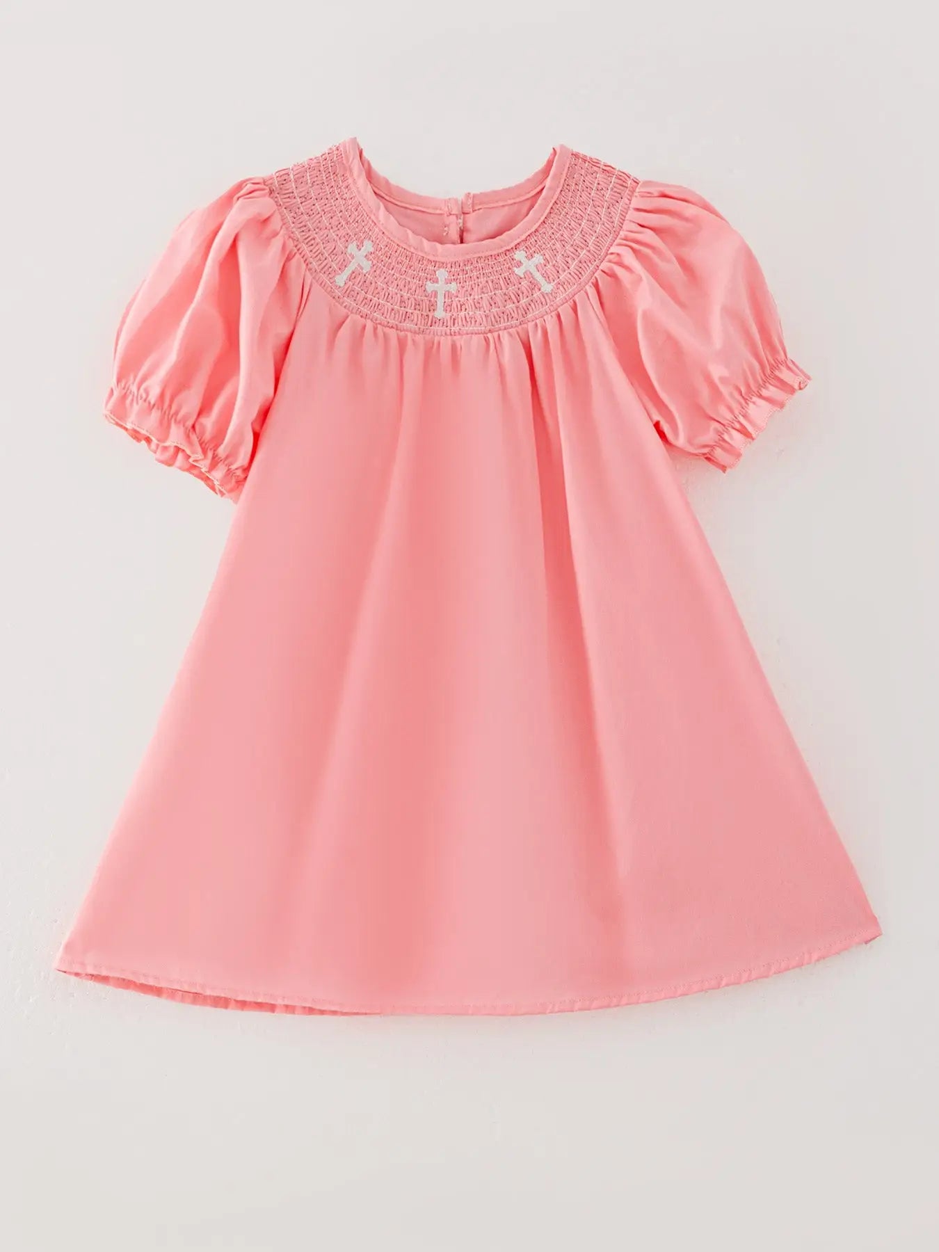 Pink Smocking Embroidered Cross Girls Dress