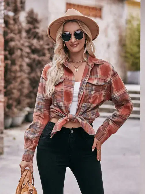 Oversized Loose Plaid Shirt-Rust