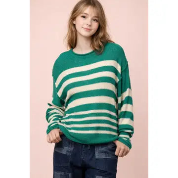 Striped Oversized Lightweight Top-Kelly Green