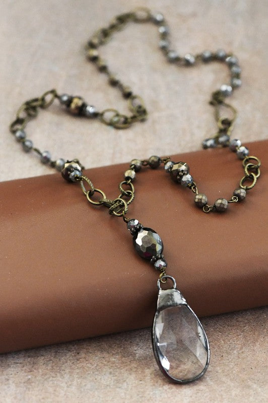 Long Bead Chain Necklace with Crystal Pendant