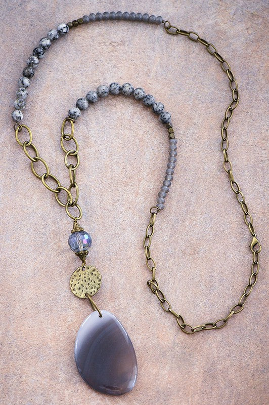 Gray Agate Stone Pendant Necklace.