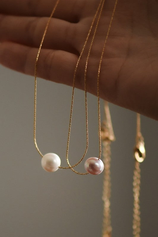 18K Gold Non-Tarnish Stainless Steel Dainty Pearl Necklace in Pink