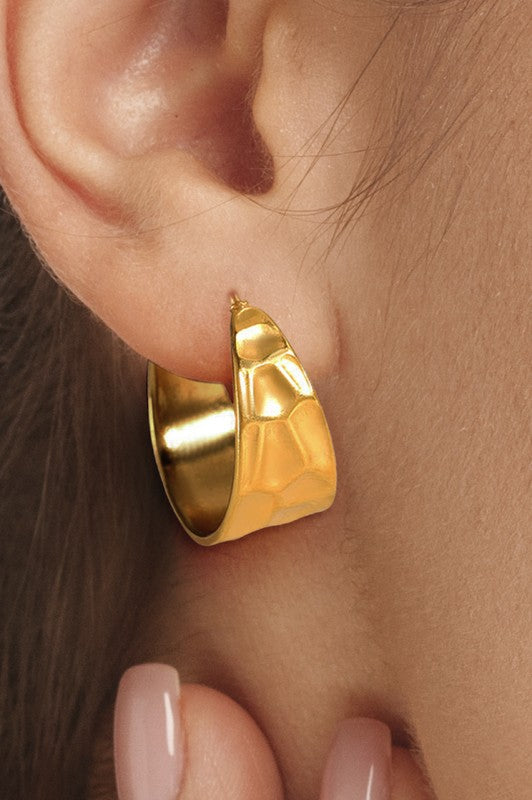 18K Waterproof Non-Tarnish Stainless Steel Hammered Hoops