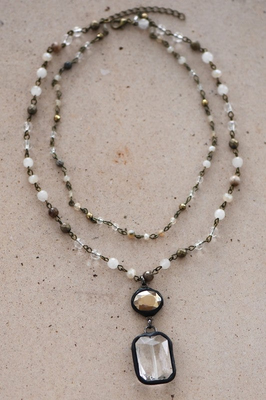 Double Layered Mixed Glass Bead and Stone Necklace