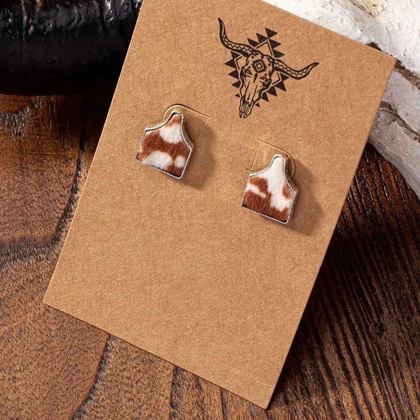 Cow Tag Stud Earrings in Brown