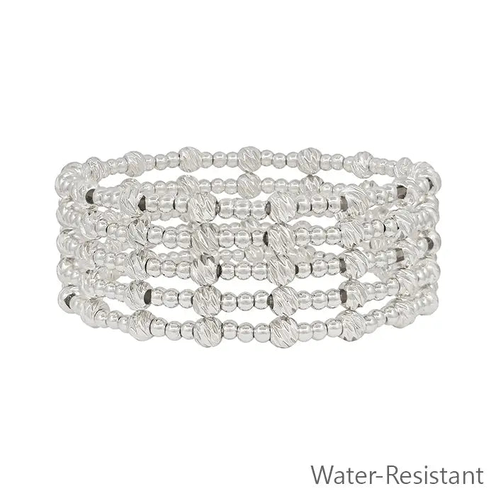 Water Resistant Silver Beaded Set of 5 Stretch Bracelets