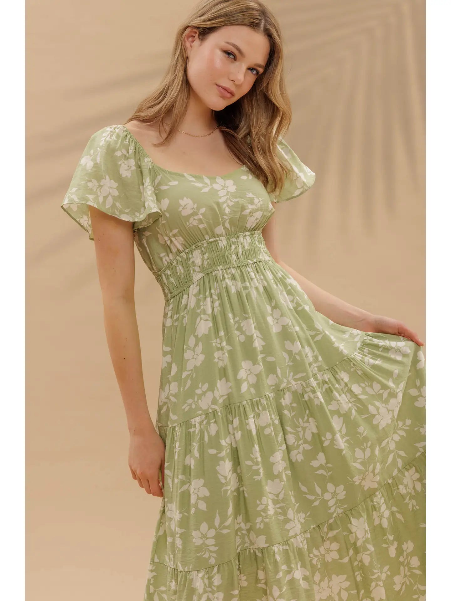 Floral Scoop Neck Flounce Sleeve Tiered Midi Dress