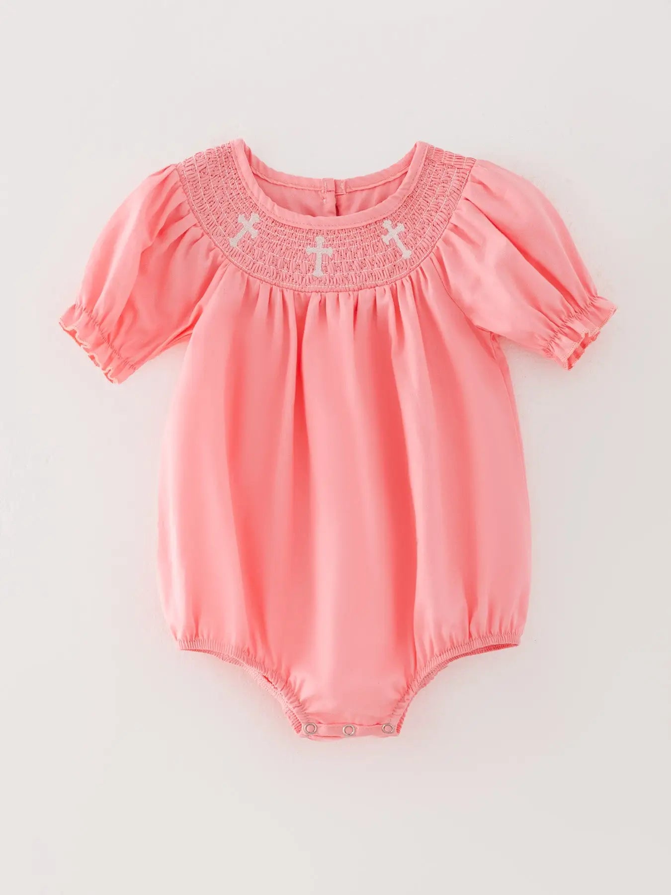 Pink Smocking Embroidered Cross Girls Romper