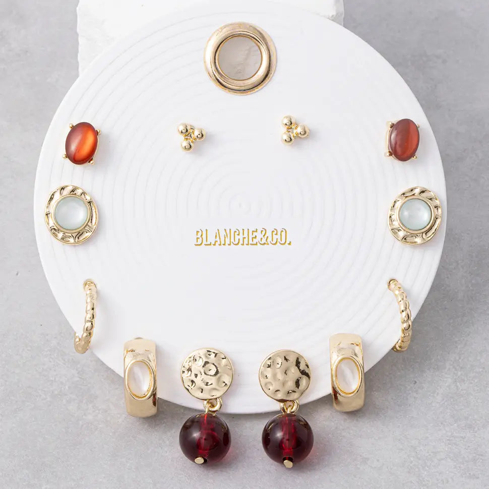 Stone Stud Huggie and Bead Drop Six Pair Earrings Set