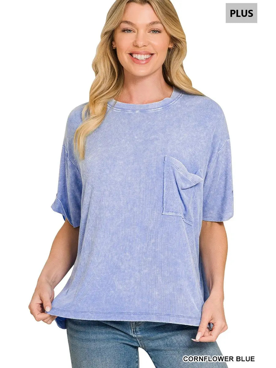 Washed Ribbed Top with Pocket-Blue