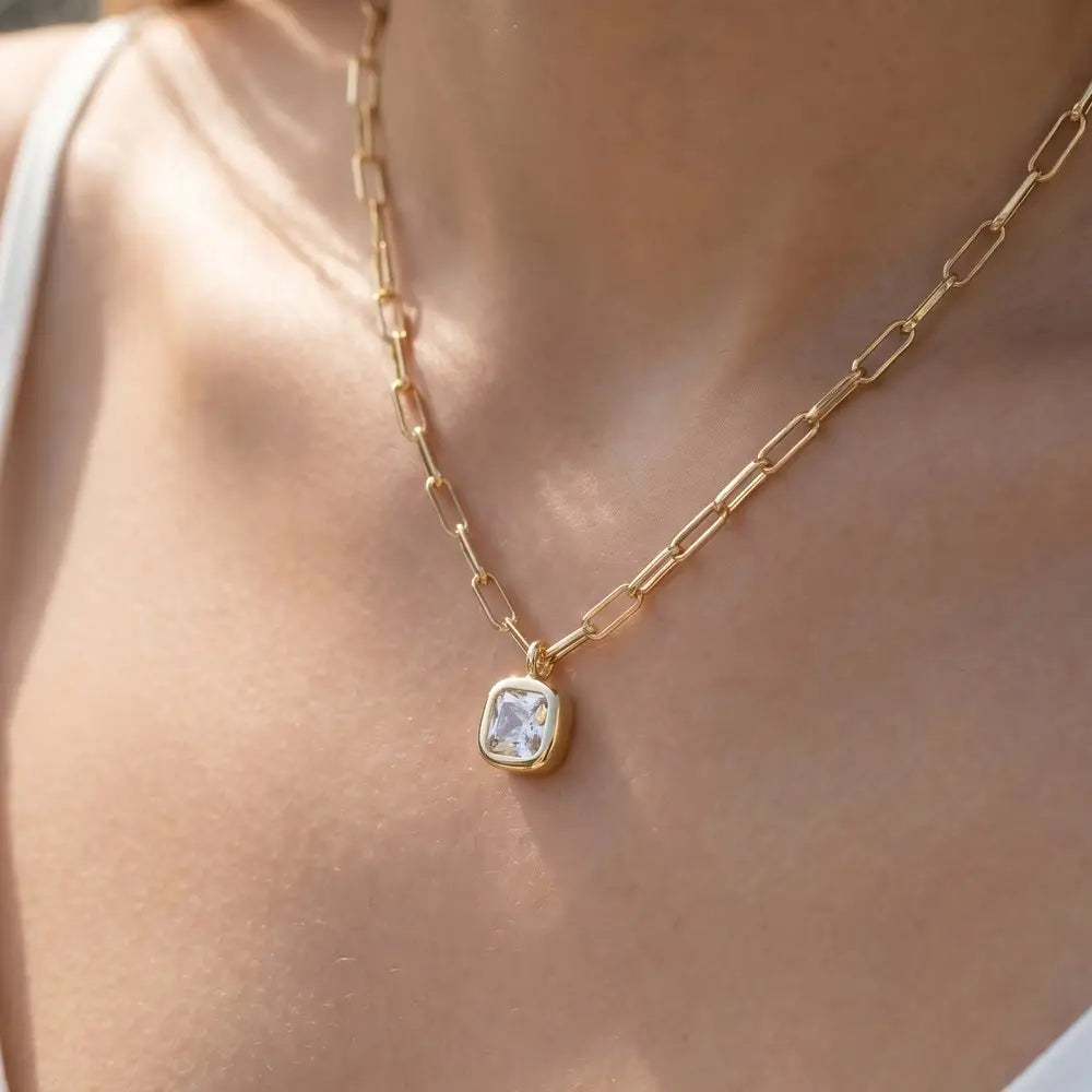 Gold Dipped Cz Cushion Cut Bezel Paperclip Necklace-Gold