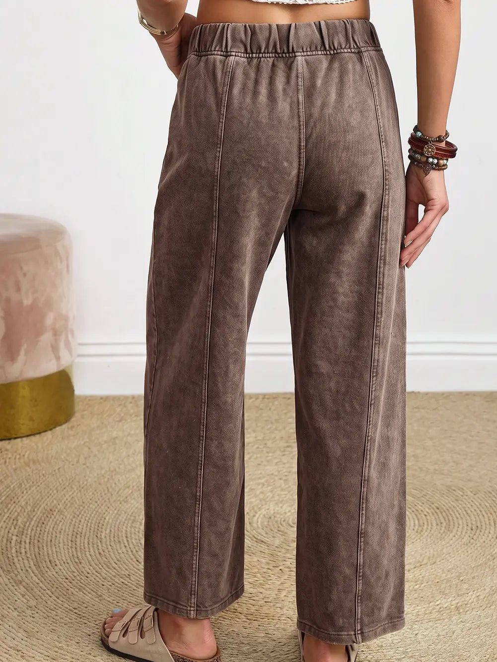 Mineral Wash Seam Detail Elastic Waist Barrel Pants