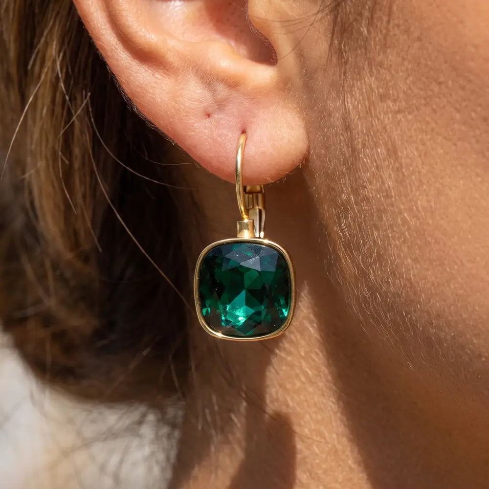 Gold Dipped Cushion Cut Crystal Drop Earrings-Emerald