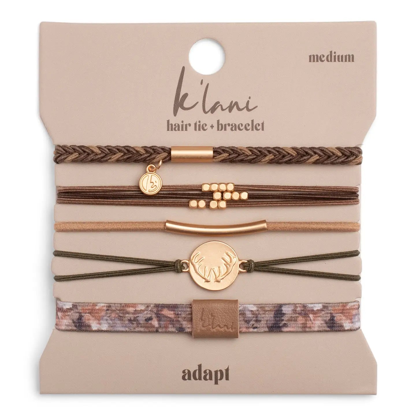 "Adapt" Camo, Gold Charm Antler Hair Tie Bracelet Set