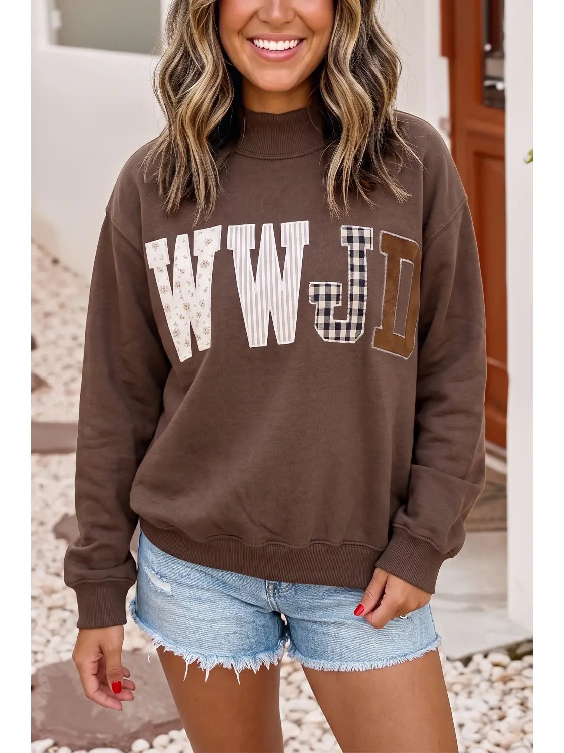 Embroidered WWJD Patch Mock Neck Sweatshirt