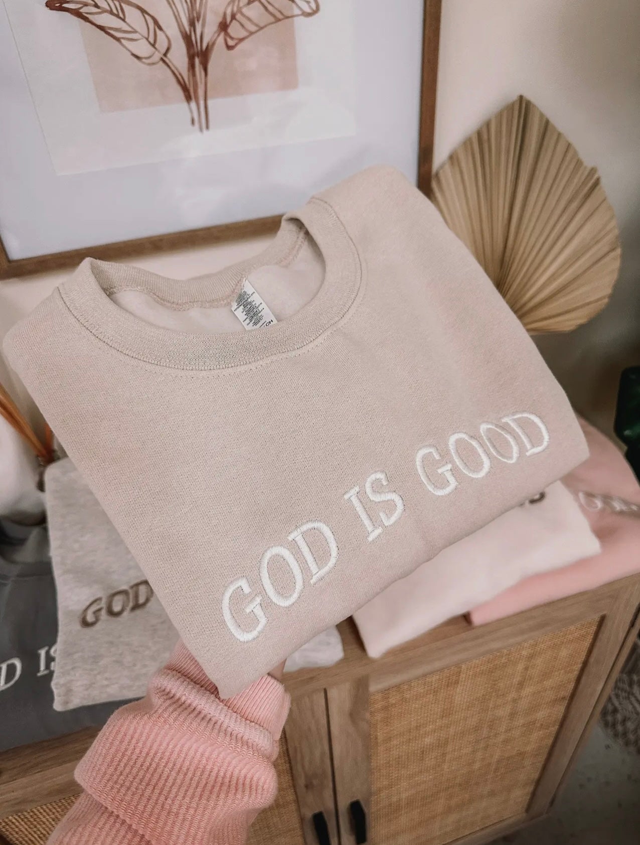 Embroidered God Is Good Sweatshirt in Sand