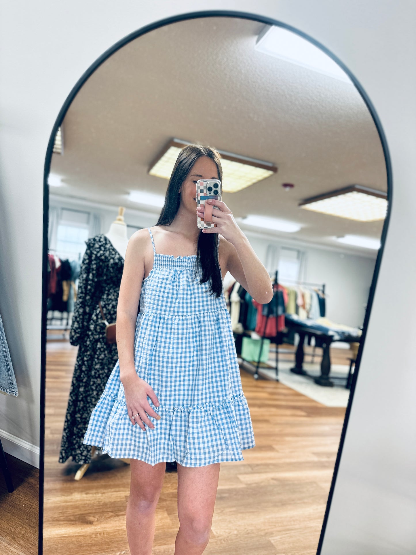 Gingham Tiered Dress in Blue