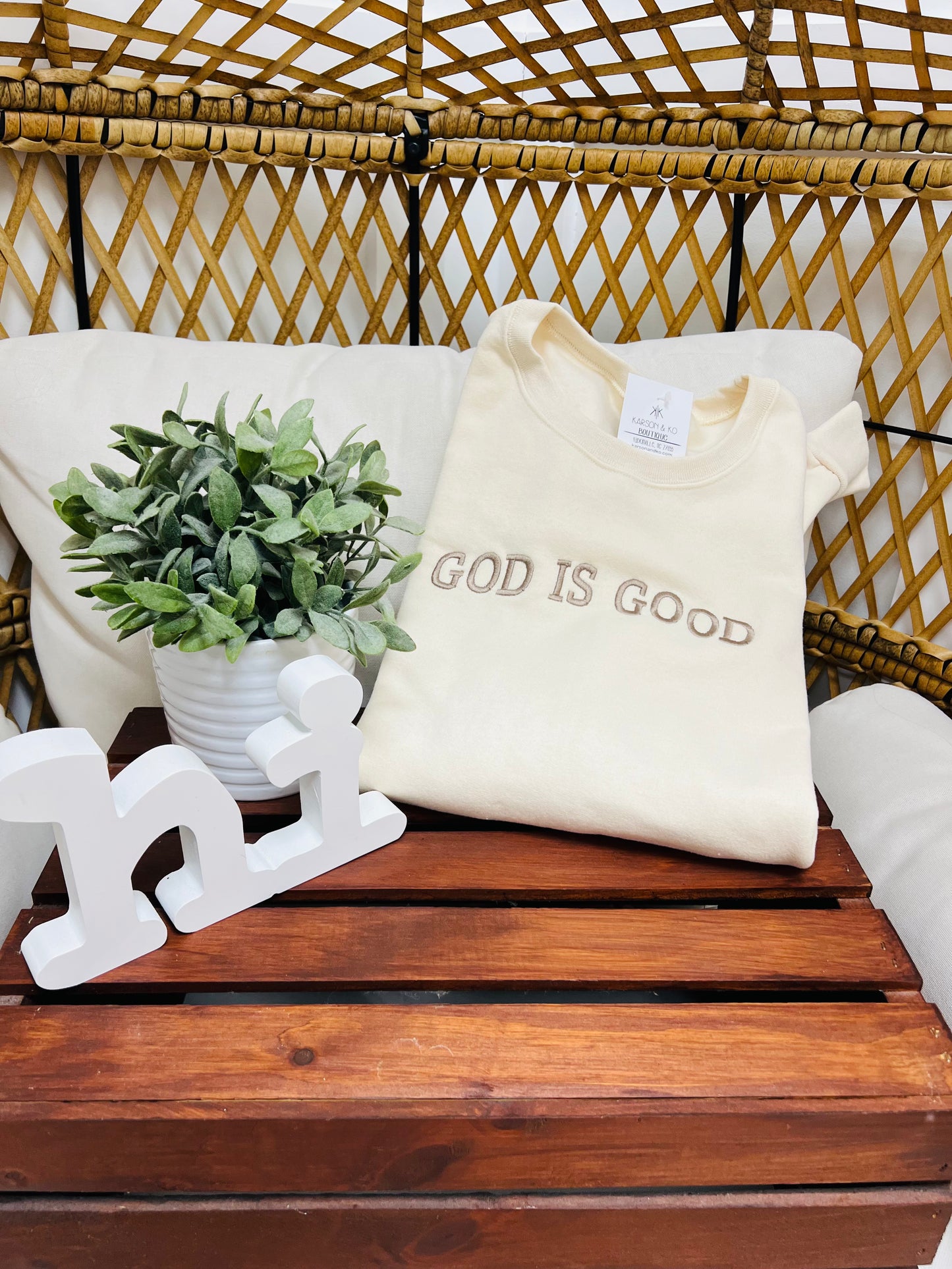 Embroidered God Is Good Sweatshirt in Cream