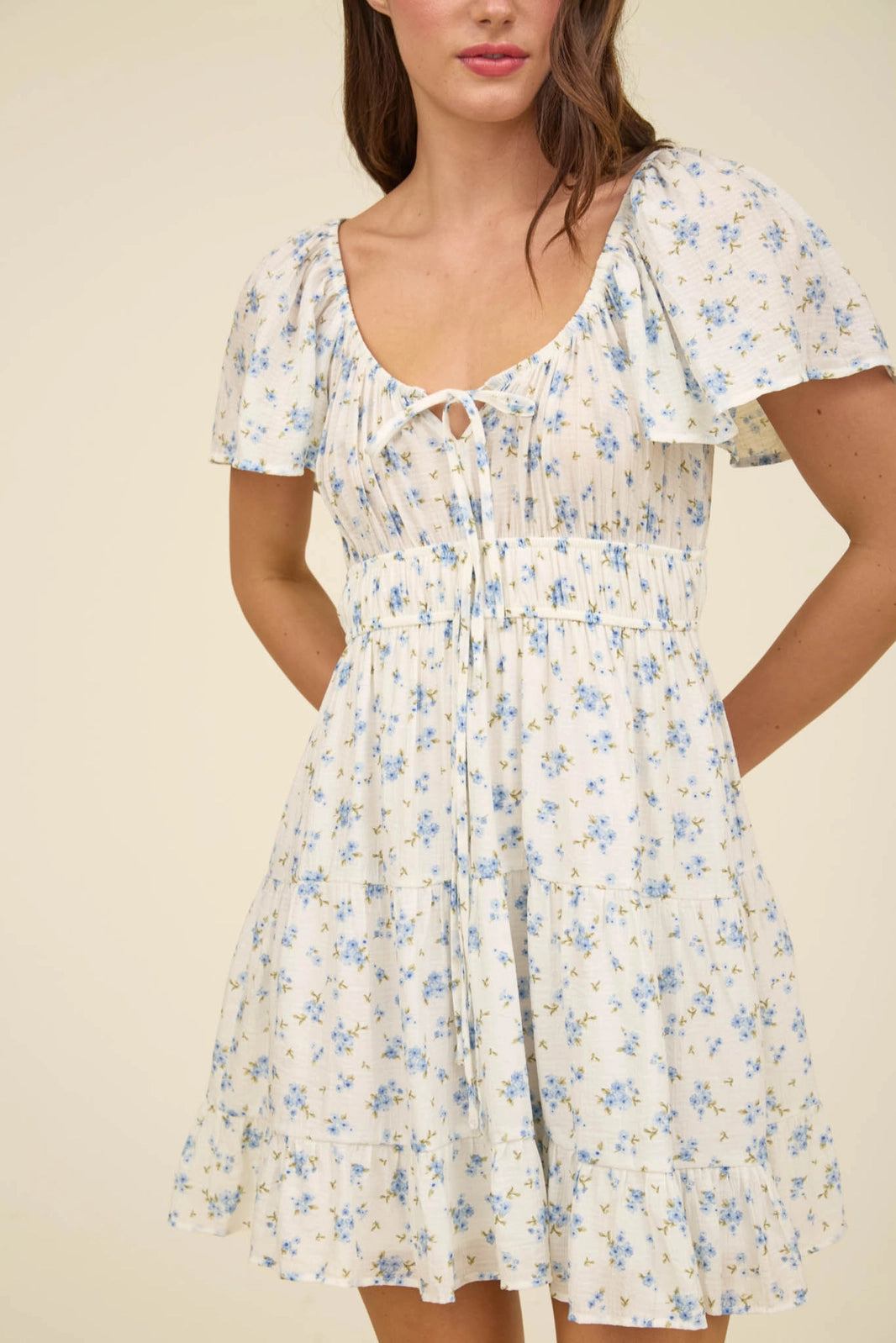 Cherry Blossom Front Tie Short Sleeve Mini Dress