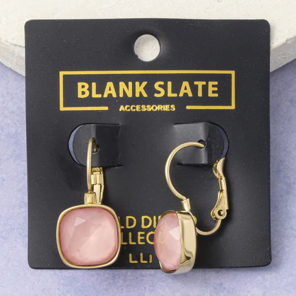 Gold Dipped Cushion Cut Crystal Drop Earrings-Pink