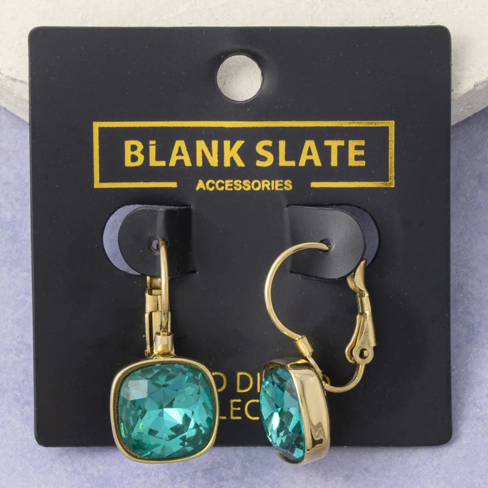 Gold Dipped Cushion Cut Crystal Drop Earrings-Blue
