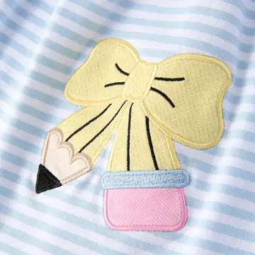 Back To School Girls Stripe Pencil Applique Bow Dress