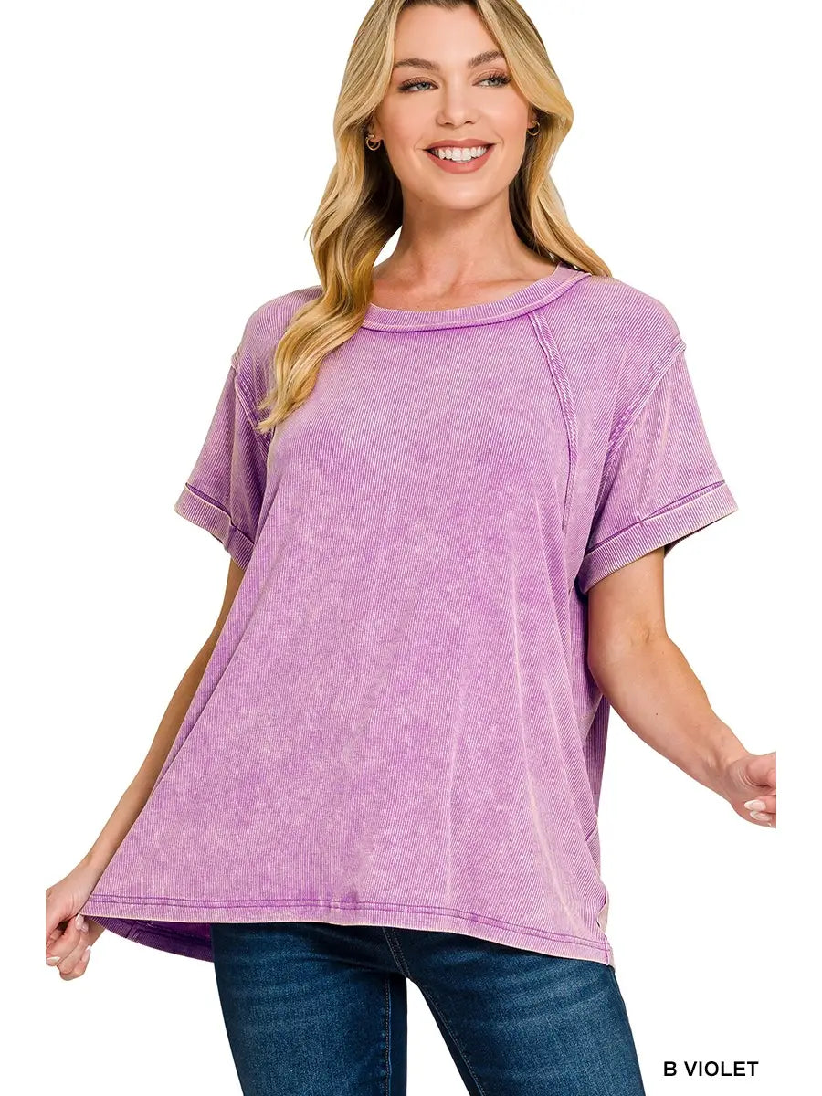 Washed Ribbed Cuffed Top-Violet