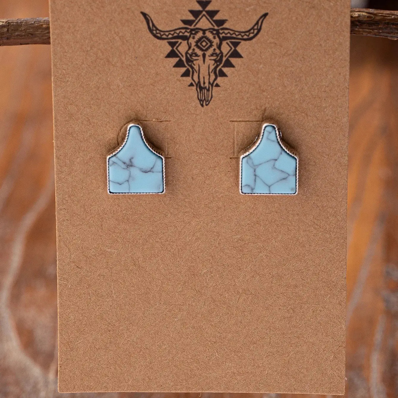 Cow Tag Stud Earrings in Turquoise