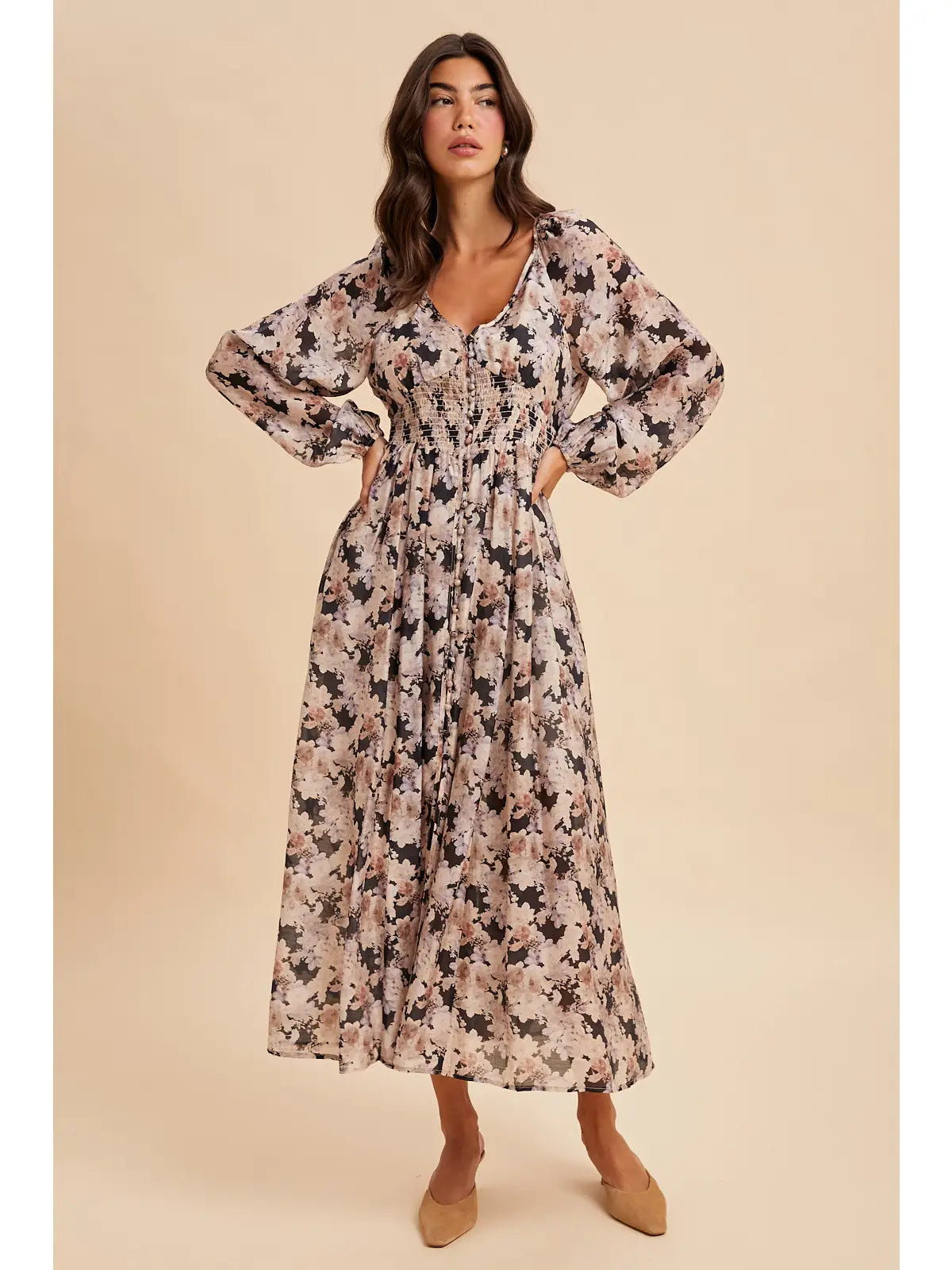 Tencel Floral Smocked Button Down Maxi Dress