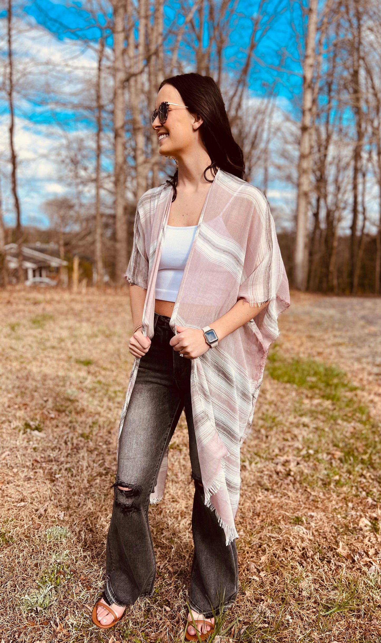 Striped Frayed Colorful Kimono in Rose