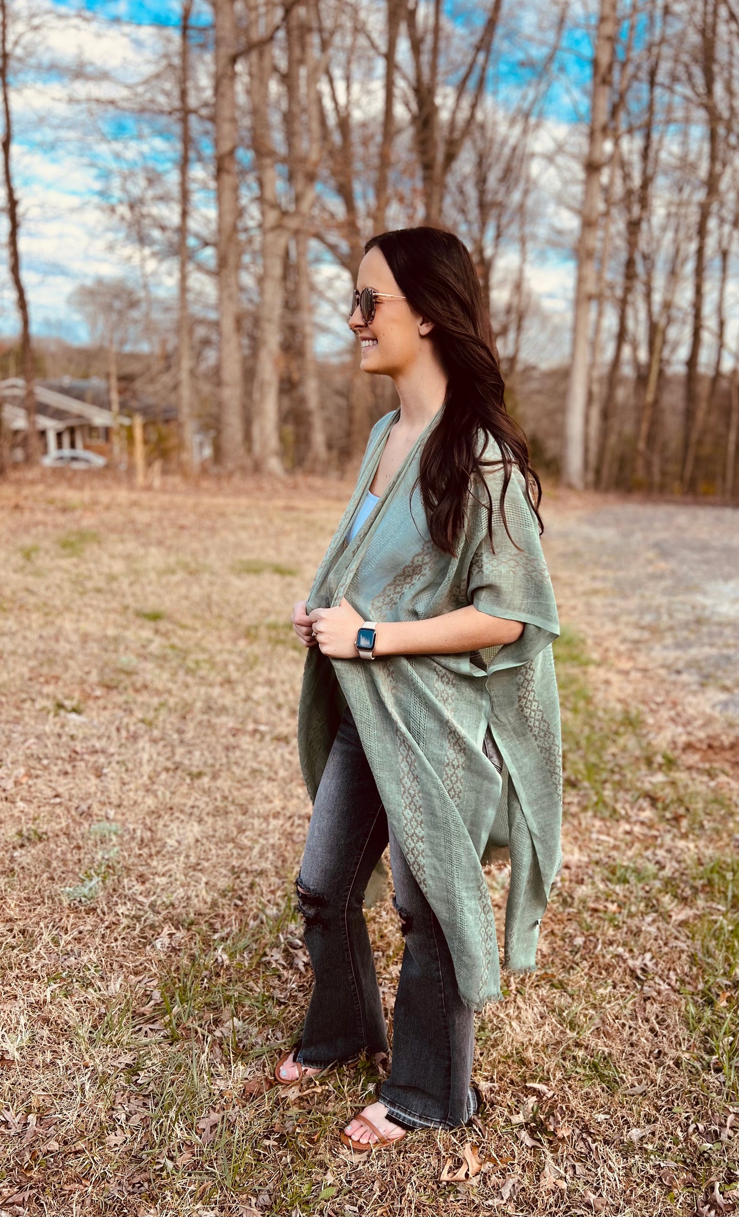 Woven Long Line Tribal Kimono in Sage