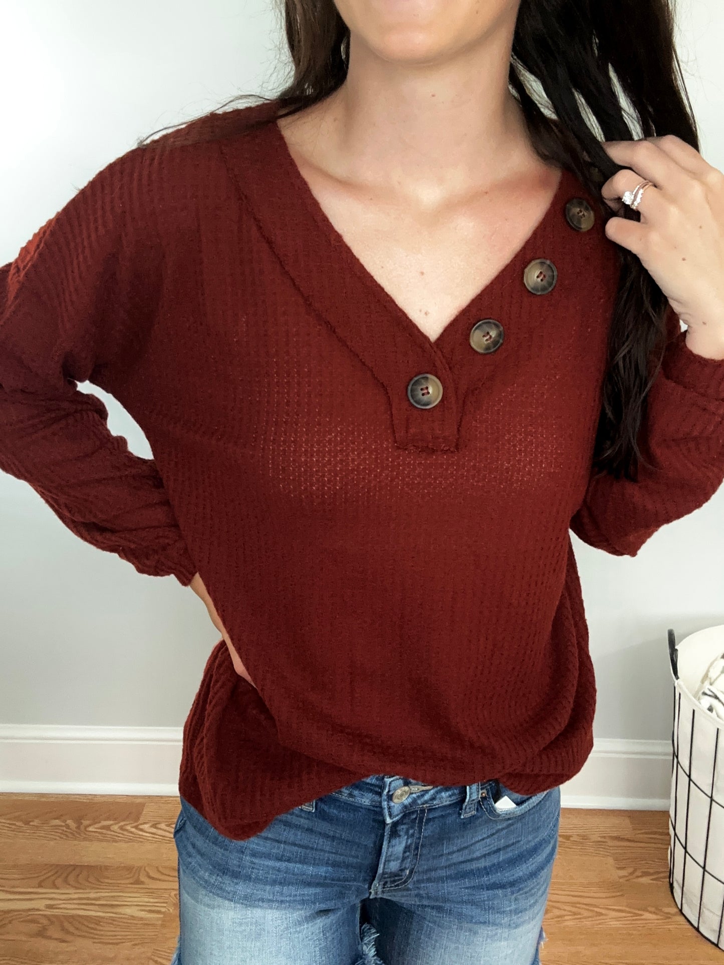 Brushed Waffle V-Neck Button Detail Sweater in Dark Rust**FINAL SALE**
