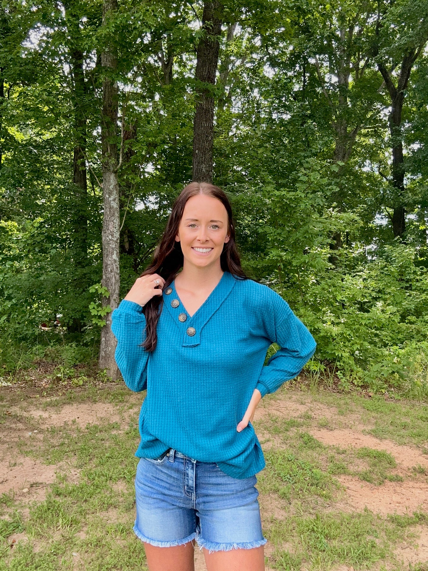 Brushed Waffle V-Neck Button Detail Sweater in Teal**FNAL SALE**
