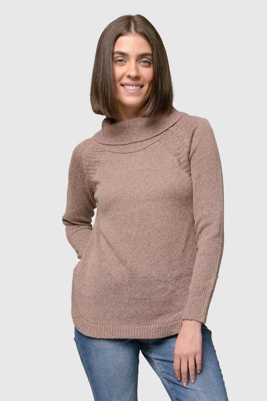 Mossy Shirttail Cowl Neck Sweater in Taupe