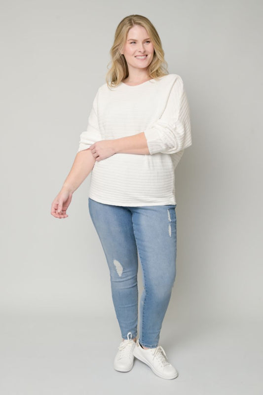 Ribbed Boatneck Dolman Sweater in White
