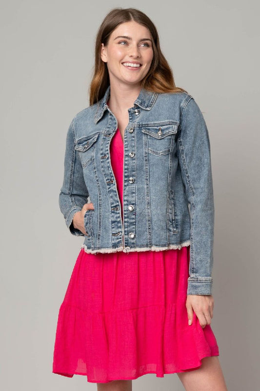Frayed Denim Jacket with Rhinestone Buttons