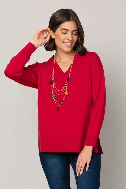 Jersey Stitch V-Neck Sweater in Red