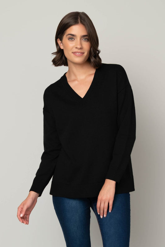 Jersey Stitch V-Neck Sweater in Black
