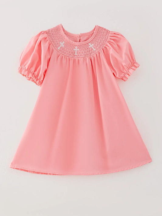 Pink Smocking Embroidered Cross Girls Dress