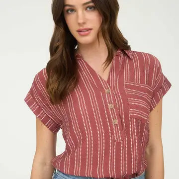 Stripe Half Button Collared Short Sleeve Top