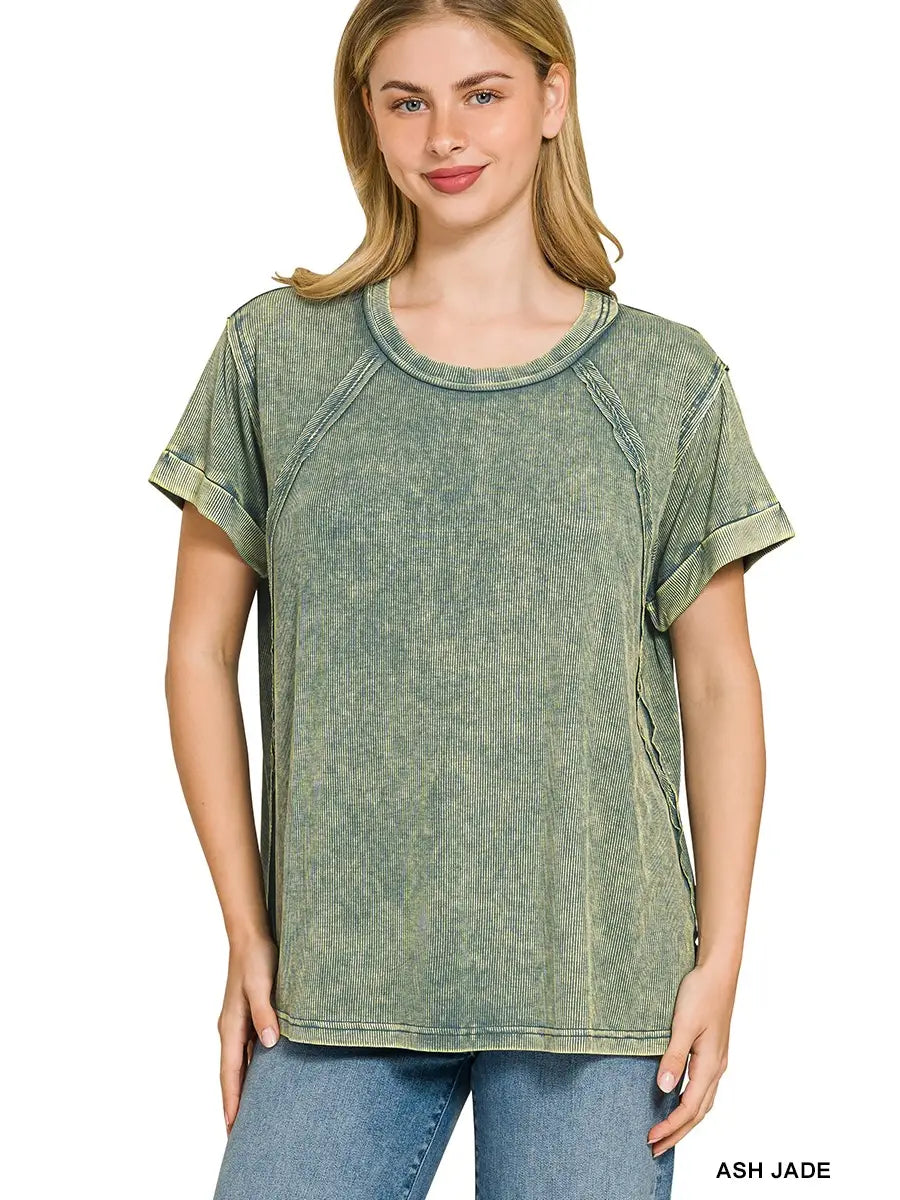 Washed Ribbed Cuffed Top-Ash Jade