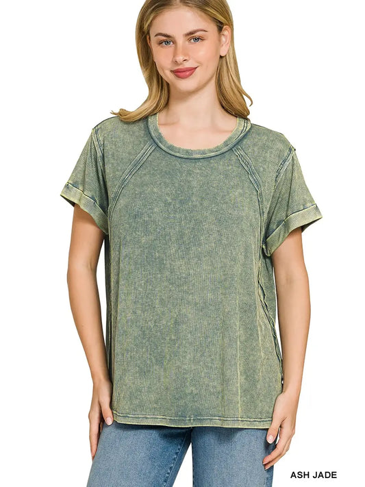 Washed Ribbed Cuffed Top-Ash Jade