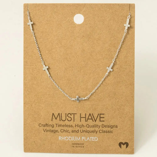 Dainty Cross Station Necklace-Silver