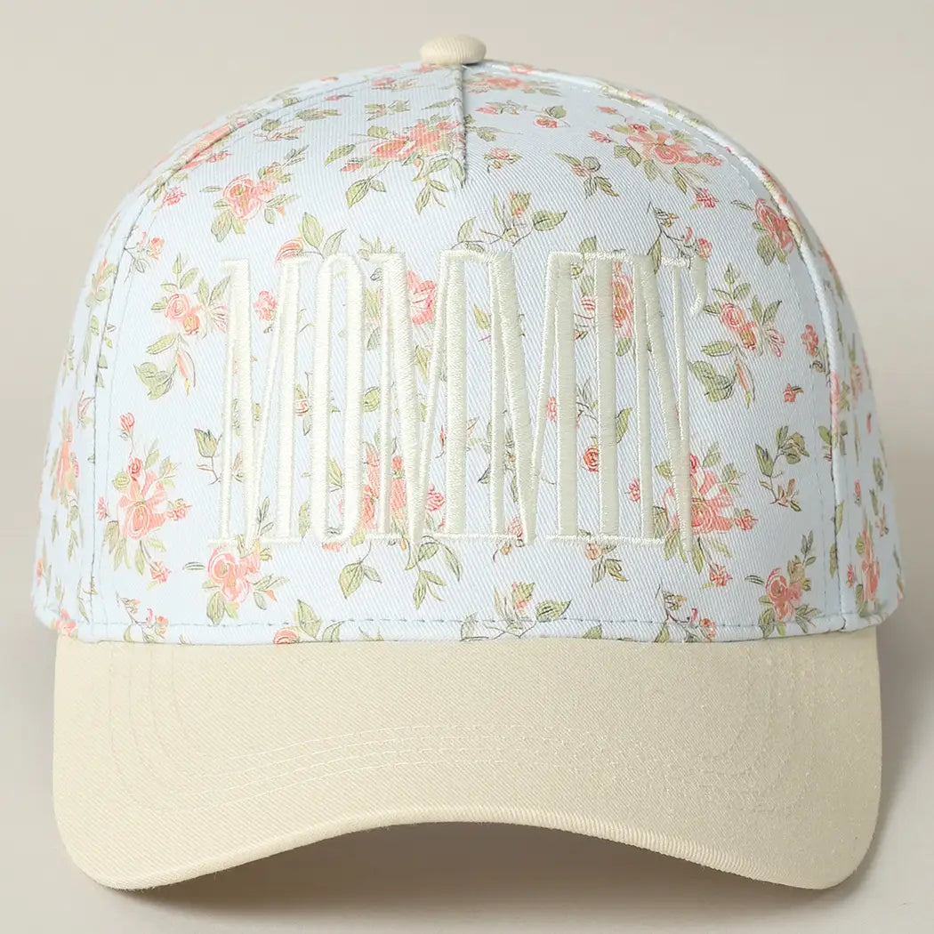 Mommin' Embroidered Floral Hat-Coral