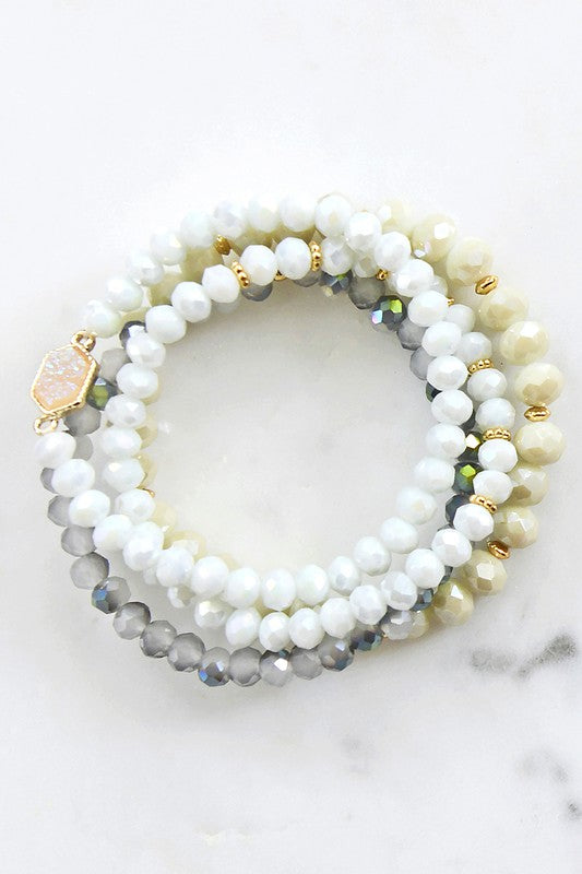Glass Crystal Bead Bracelet Set in White