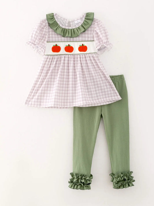 Girls Pumpkin Chenille Patches Plaid Top + Pants Set