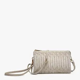 Riley Woven Herringbone 3 Compartment Crossbody in Light Grey