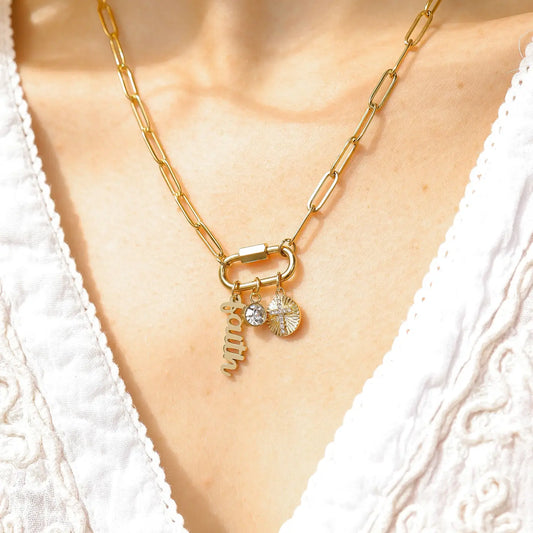 18K Gold Carabiner "Faith" Paperclip Charm Necklace