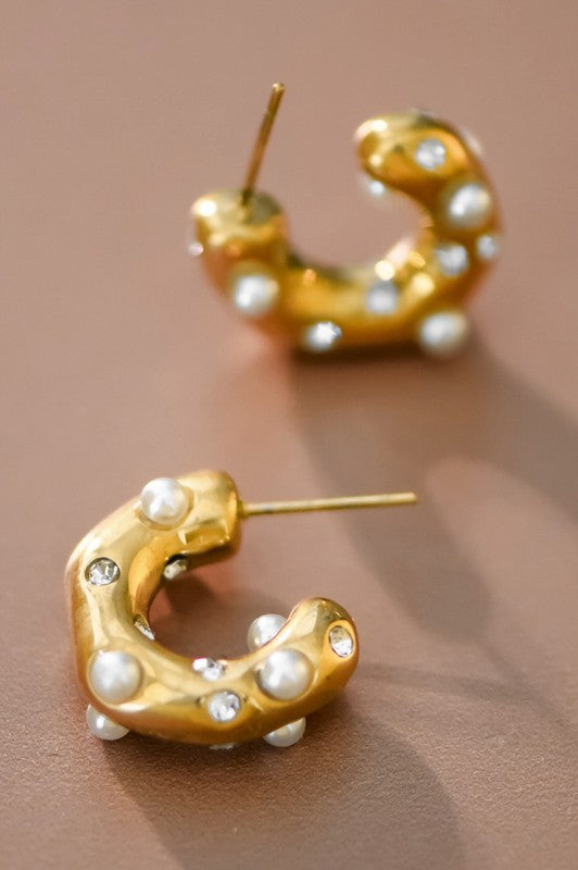 18K Waterproof Non-Tarnish Stainless Steel C Hoops with Pearls